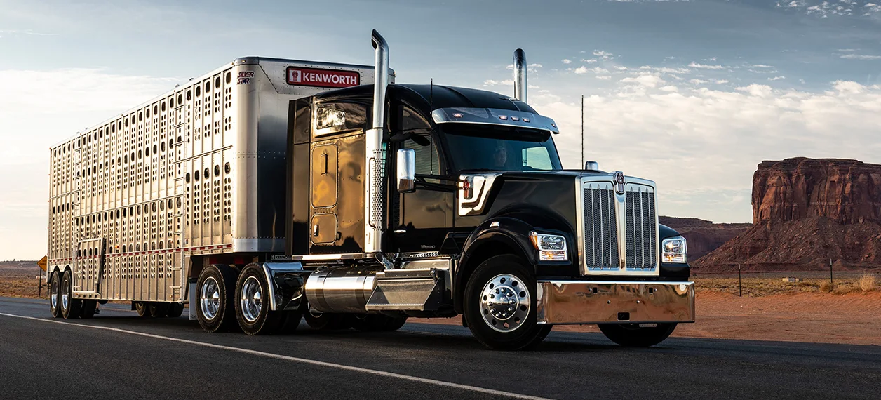 Kenworth W990 con remolque ganadero en el desierto